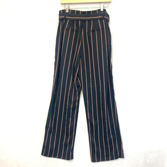 Vince Wide Leg Paperbag Belted Dress Pants Womens 6 Blue Striped Preppy Crepe